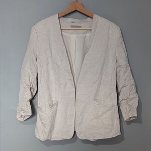 H&M Women's Linen Blend Blazer Cream Ruched 3/4 Sleeves Minimalist Casual Layer